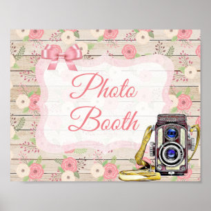 Photo Booth Sign Pink Rustic Wood Floral Poster