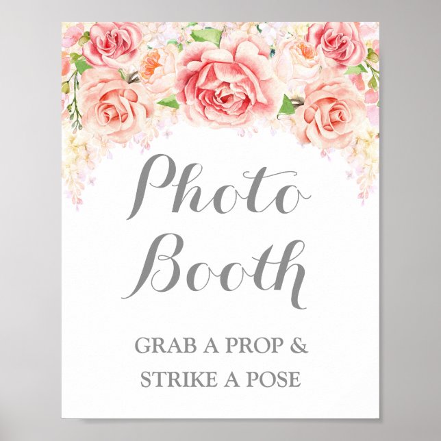 Photo Booth Wedding Sign Pink Watercolor Floral (Front)
