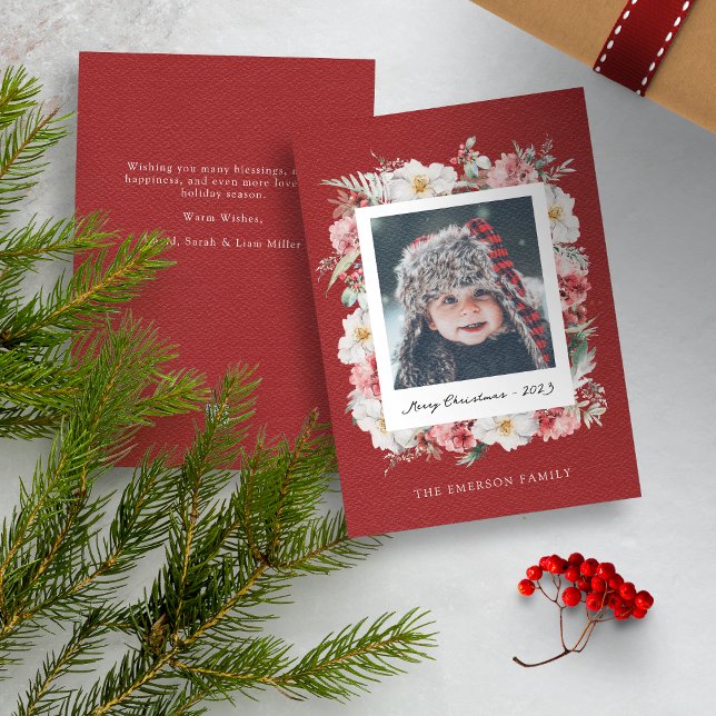 Photo Botanical Christmas Card (Red Merry Christmas Photo Holiday Card with Elegant Watercolor Botanical Florals Berries)