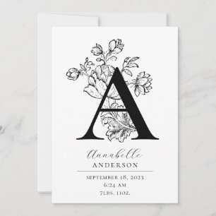 Photo Botanical Floral Monogram Letter A Birth Ann Announcement