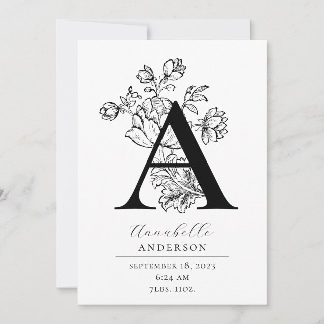 Photo Botanical Floral Monogram Letter A Birth Announcement (Front)