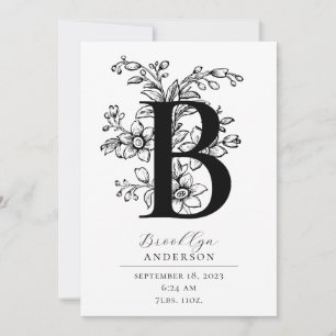 Photo Botanical Floral Monogram Letter B Birth Announcement