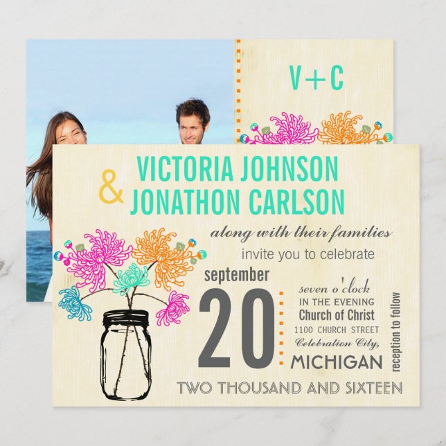 Photo Bouquet in a Mason Jar Wedding Invitations (Front/Back)