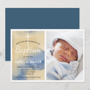 Photo Boy Baptism, Watercolor Blue and Gold Invitation