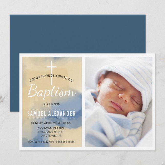 Photo Boy Baptism, Watercolor Blue Invitation (Front/Back)