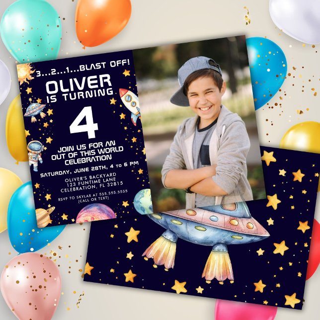 Photo Boy Modern Space Rocket Ship Birthday Party Invitation (Creator Uploaded)