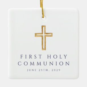 Photo Boy Religious Cross Blue First Communion Ceramic Ornament