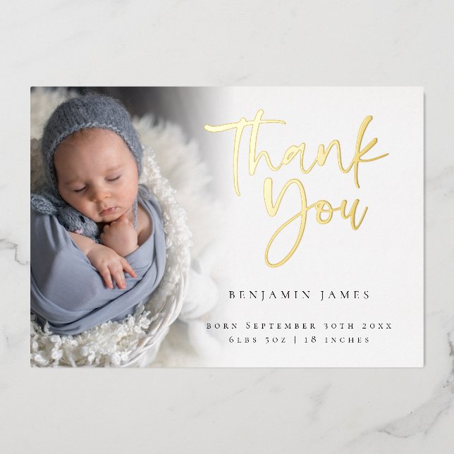 Photo Boy Thank You Birth Announcement Foil Card (Front)