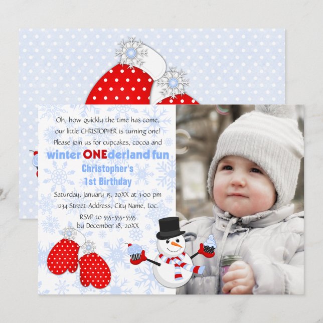 Photo Boy's Winter ONEderland Birthday Party Invitation (Front/Back)