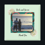 Photo Bride and Groom Wedding Magnet<br><div class="desc">A green modern border frame accented by lovely garden flowers. A modern elegant wedding design. Customise with bride and groom's names and photo to personalise.</div>