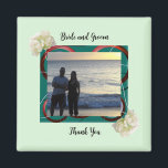 Photo Bride and Groom Wedding Magnet<br><div class="desc">A green modern border frame accented by lovely garden flowers. A modern elegant wedding design. Customise with bride and groom's names and photo to personalise.</div>
