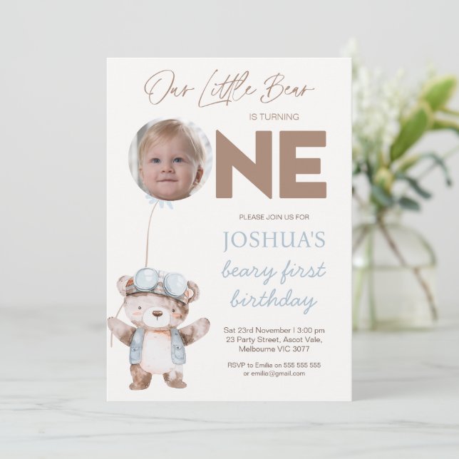 Photo Brown Beary First Birthday Bear Birthday Invitation (Standing Front)