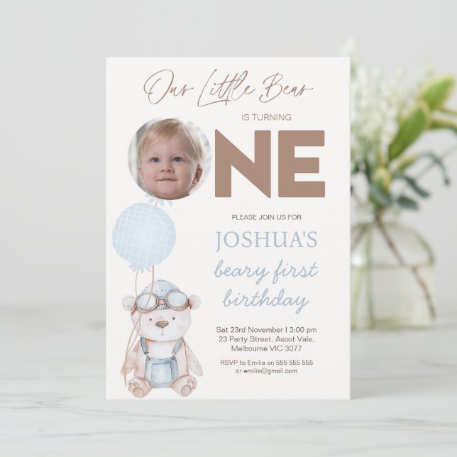 Photo Brown Blue Balloons Beary First Birthday Invitation (Standing Front)