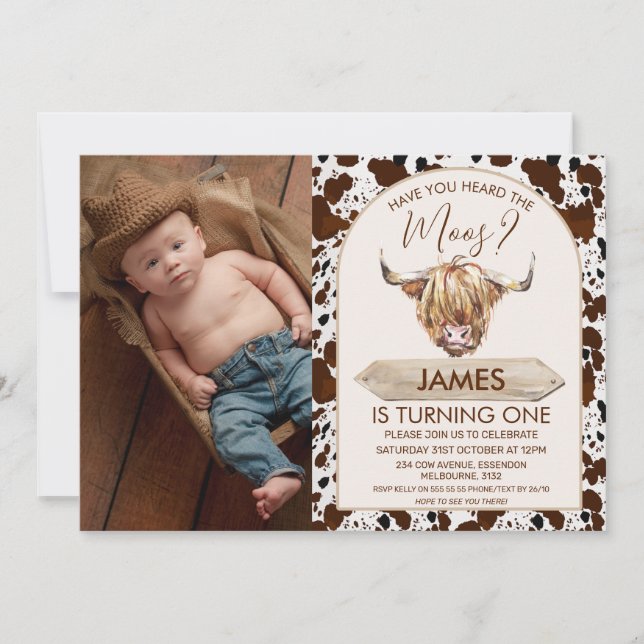 Photo Brown Highland Cow Cow Print 1st Birthday  Invitation (Front)