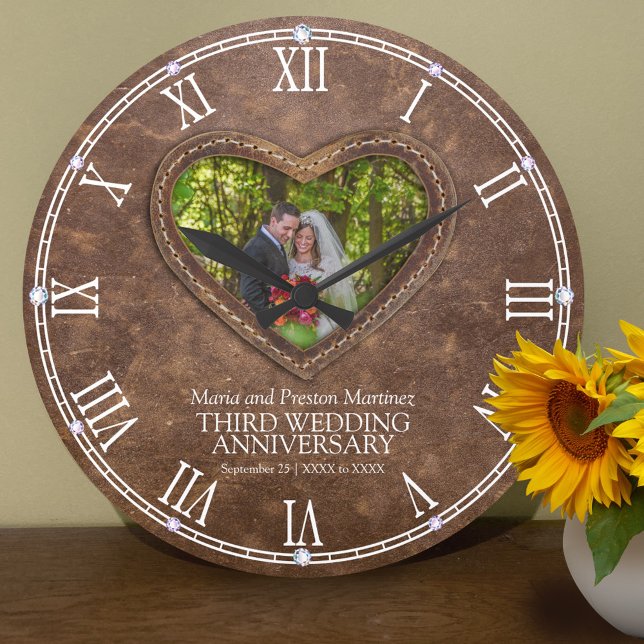 Photo brown leather heart 3rd wedding anniversary  large clock (Creator Uploaded)
