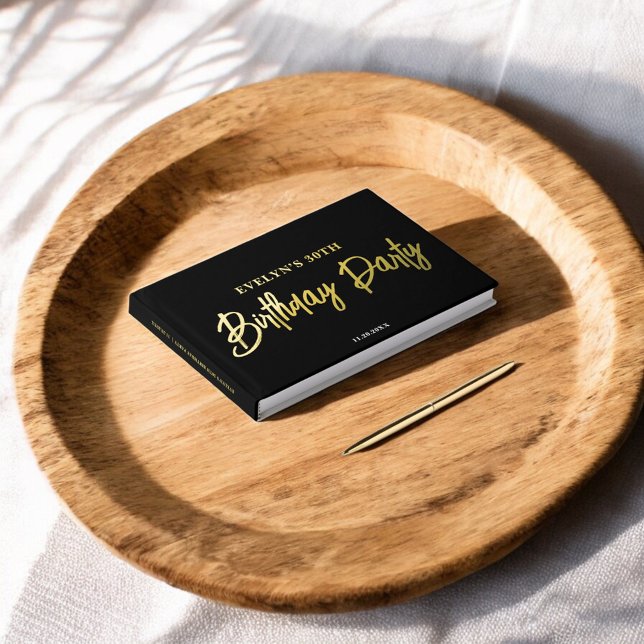 Photo Brush Script Elegant Black Birthday Guest Book (Creator Uploaded)