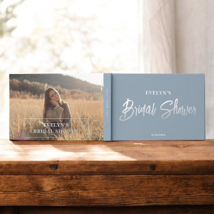 Photo Brush Script Elegant Blue Bridal Shower Guest Book