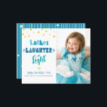 Photo Budget Hanukkah Latkes Laughter Light Card<br><div class="desc">“Latkes, laughter & light.” Fun, whimsical handcrafted typography in dusty blue, turquoise and teal and a random faux gold foil Star of David pattern on a white background, along with the photo of your choice, help you usher in Hanukkah. Hand drawn white lines and a random Stars of David pattern...</div>