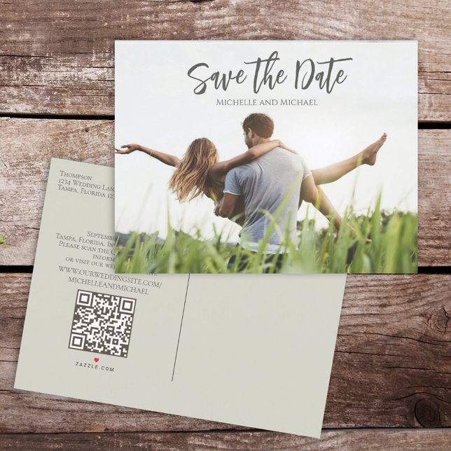 Photo Budget Modern Wedding Save the Date QR Code Announcement Postcard (Creator Uploaded)