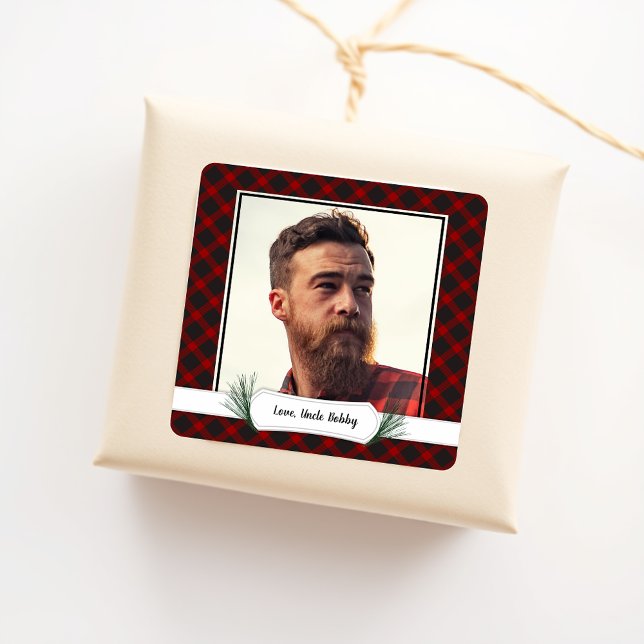 Photo Buffalo Plaid Christmas Gift Tag Stickers (Creator Uploaded)