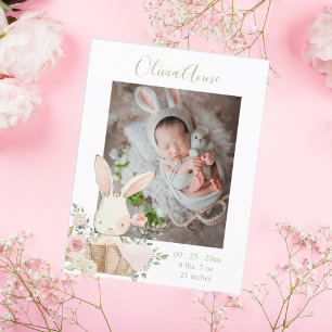 Photo Bunny Floral Watercolor Birth Announcement  Postcard