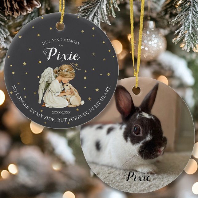 Photo Bunny Pet Memorial  Ceramic Tree Decoration (Bunny Rabbit Memorial Ornament with Angel)