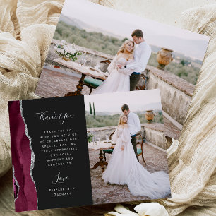 Photo Burgundy Agate Silver Dark Script Wedding Thank You Card