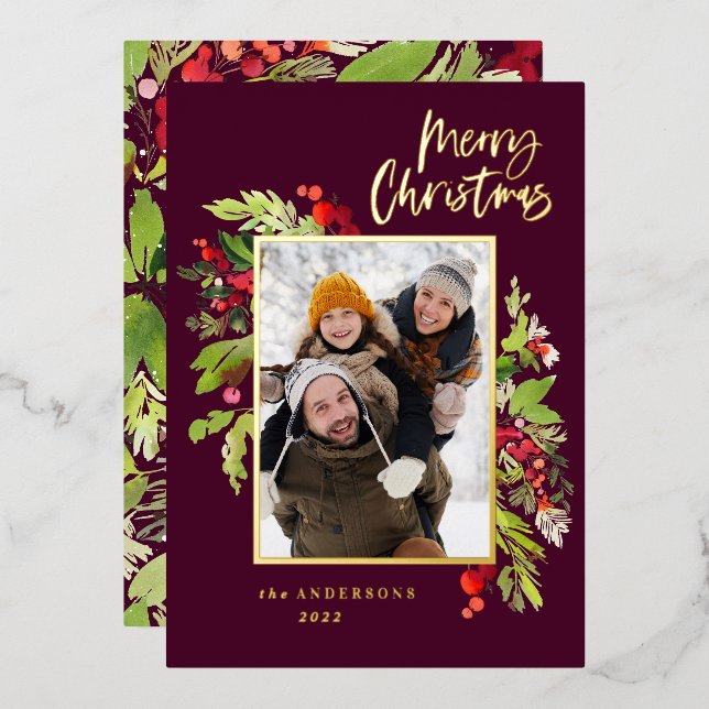 Photo burgundy elegant foliage merry Christmas Foil Holiday Card (Front/Back)