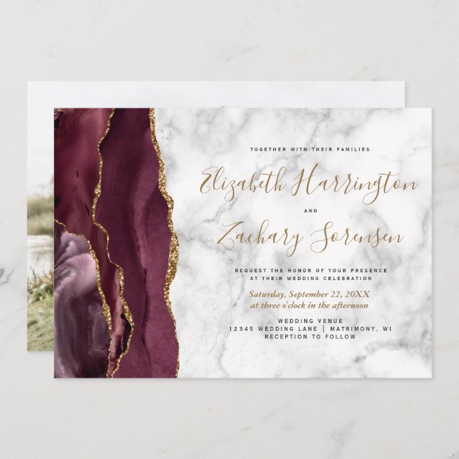 Photo Burgundy Gold Agate Marble Wedding Invitation (Front/Back)
