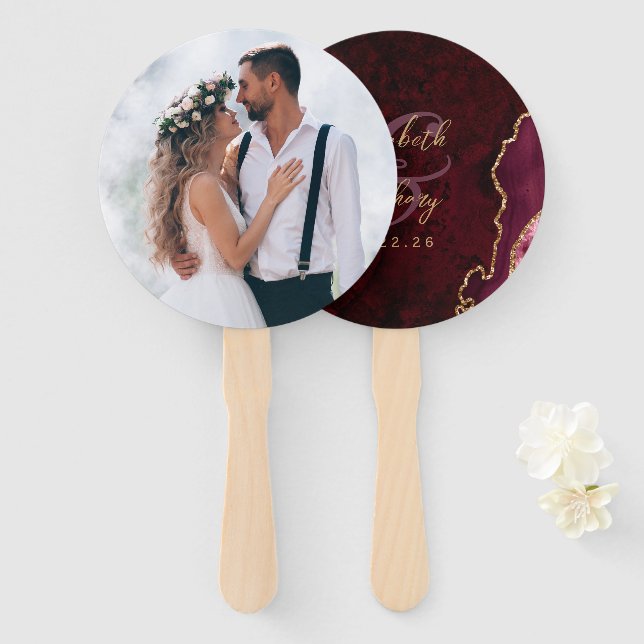 Photo Burgundy Red Gold Agate Script Wedding Hand Fan (Front and Back)