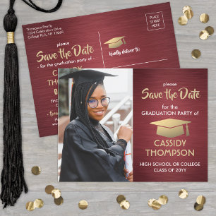 Photo Burgundy Red & Gold Graduation Save the Date Postcard