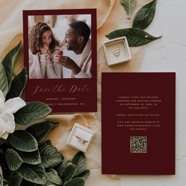 Photo Burgundy Red Gold Script QR Code Save The Date (Creator Uploaded)