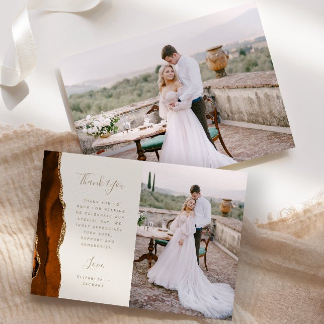 Photo Burnt Orange Agate Gold Ivory Script Wedding Thank You Card (Creator Uploaded)