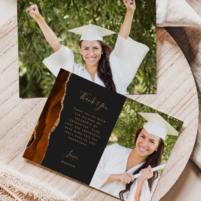 Photo Burnt Orange Agate Script Dark Graduation Thank You Card (Creator Uploaded)