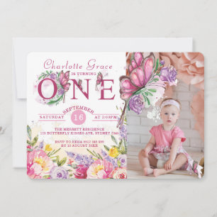 Photo Butterfly Watercolor Floral First Birthday Invitation