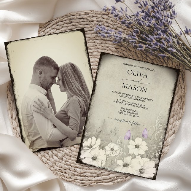 Photo Butterfly Wildflower Wedding Invitation (Vintage Nostalgic Photo Purple Butterfly Invitation)