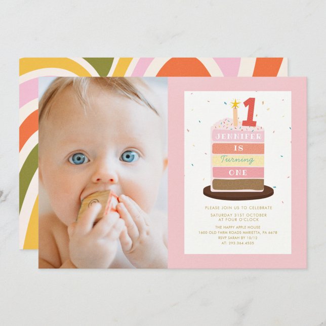 Photo Cake Candle Colourful Sparkle 1st Birthday Invitation (Creator Uploaded)