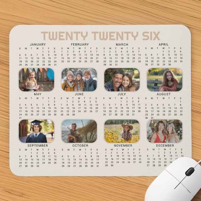 Photo Calendar 2026 Full Year Beige Mousepad (2026 Photo Calendar Mouse Mat by Darling & May)