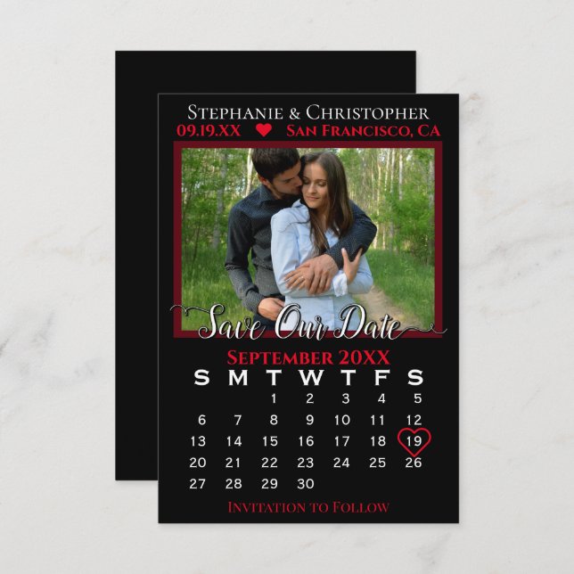 Photo Calendar Black & Red Wedding Save Our Date Card (Front/Back)