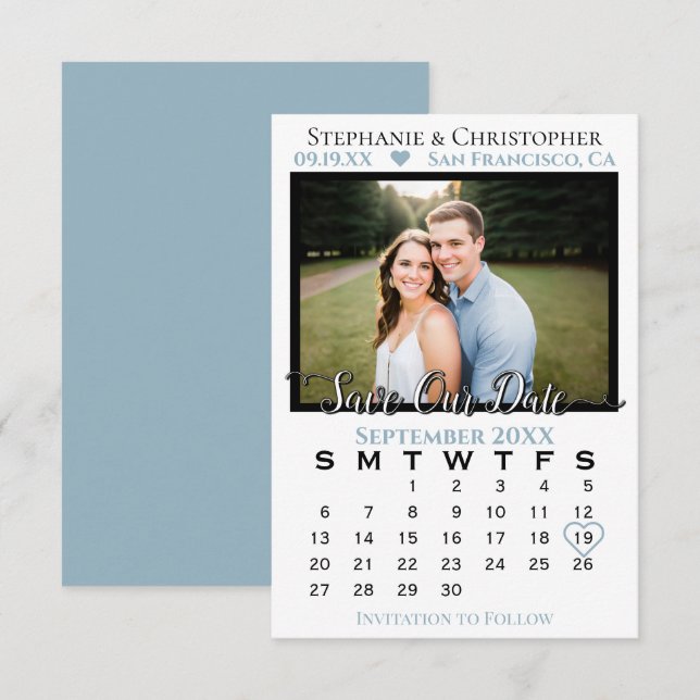 Photo Calendar Dusty Blue Wedding Save Our Date Card (Front/Back)