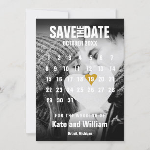 Photo Calendar Gold Heart Modern Save The Date Invitation