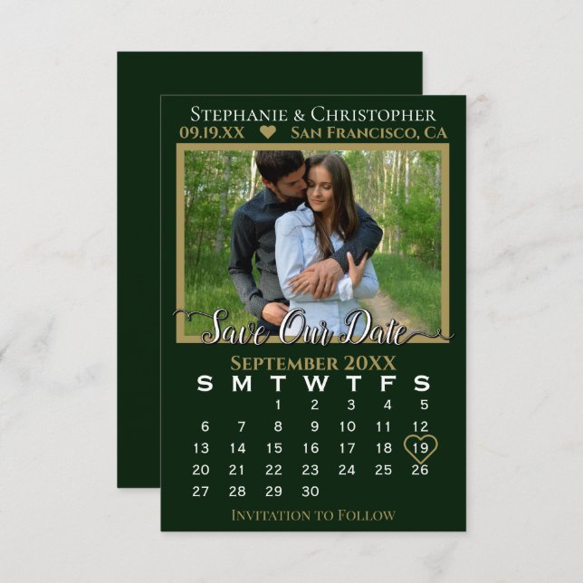 Photo Calendar Hunter Green Wedding Save Our Date Card (Front/Back)