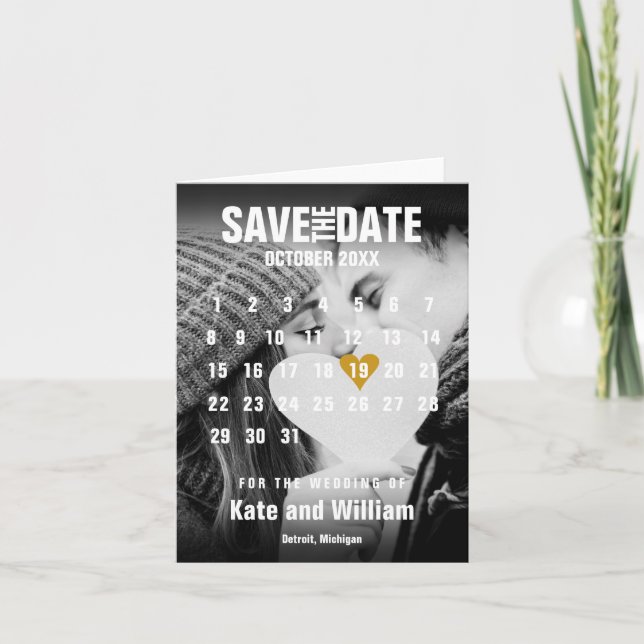 Photo Calendar Modern Gold Heart Save the Date Announcement (Front)