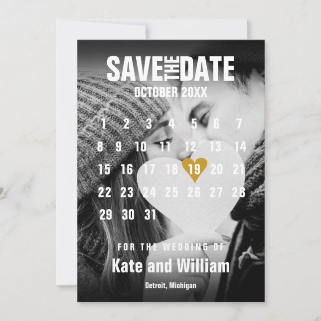 Photo Calendar Modern Gold Heart Save the Date Invitation (Front)