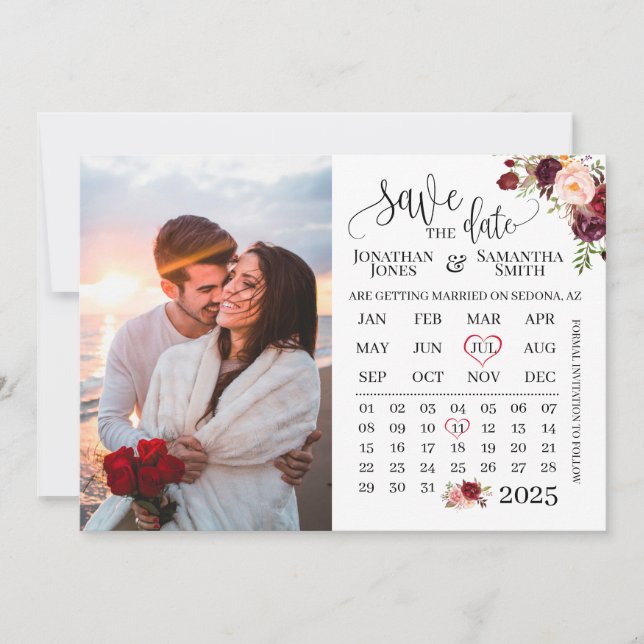 Photo calendar save the date marsala wedding invitation (Front)