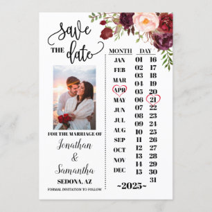 Photo calendar save the date marsala wedding invitation