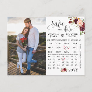 Photo calendar save the date marsala wedding postcard