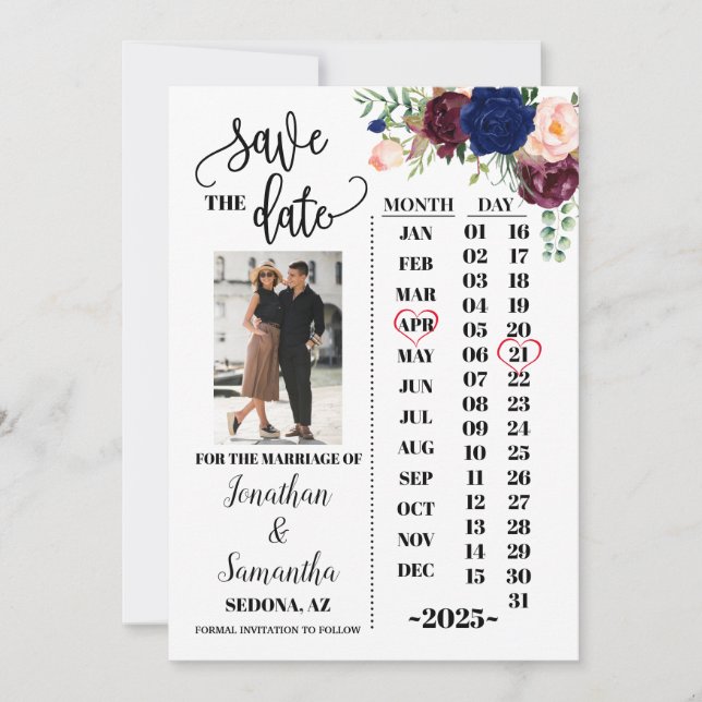 Photo calendar save the date navy burgundy wedding invitation (Front)