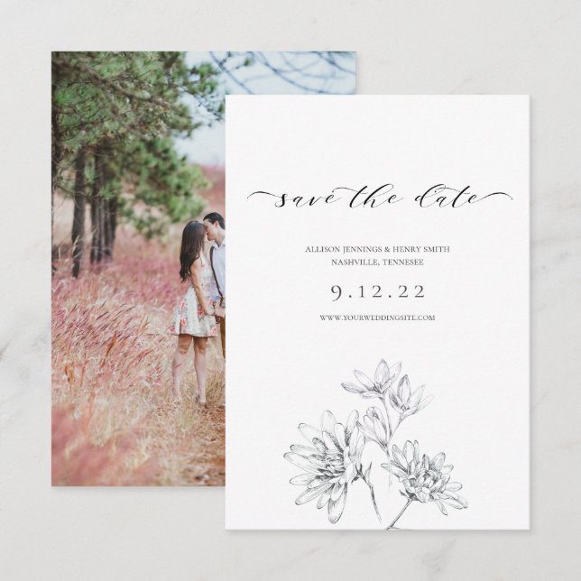 Photo Calligraphy Floral Wedding Save the Date (Front/Back)