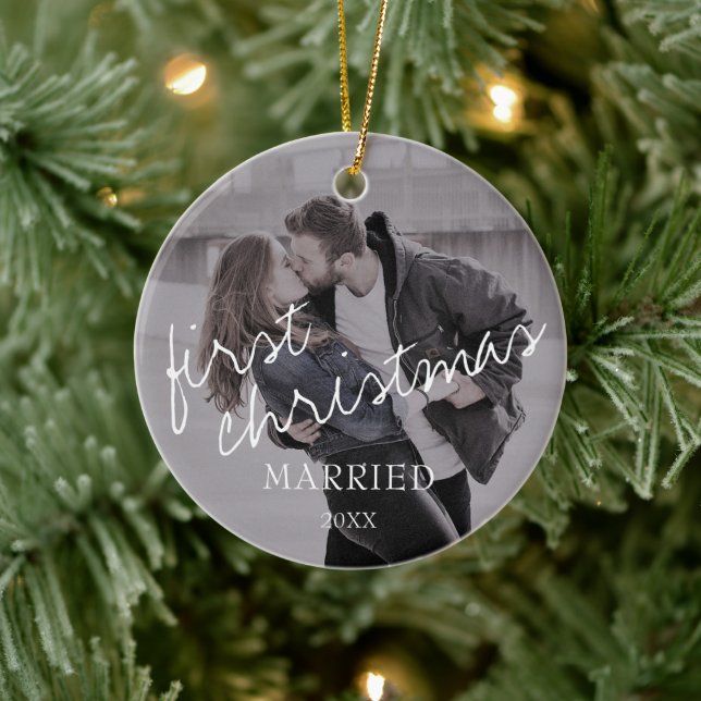 Photo Calligraphy Script 1st Christmas Married Ceramic Tree Decoration (Tree)